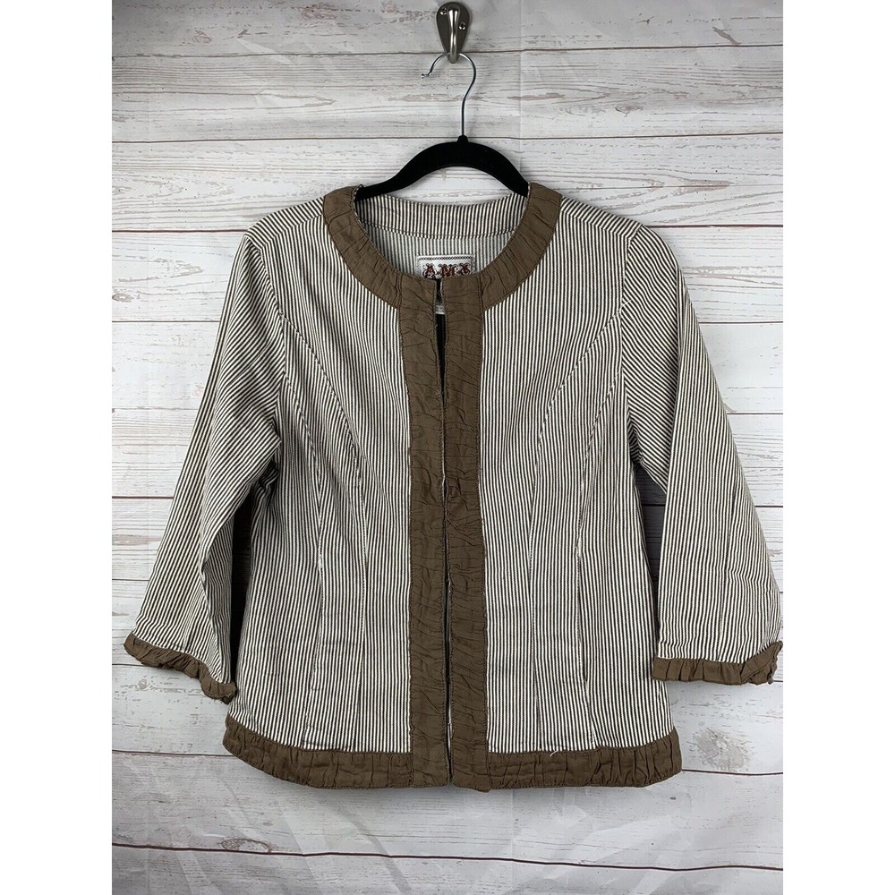 A.M.X. Jacket Womens Brown White Striped Ruffle Trim Hook Eye RS25985 Cotton
